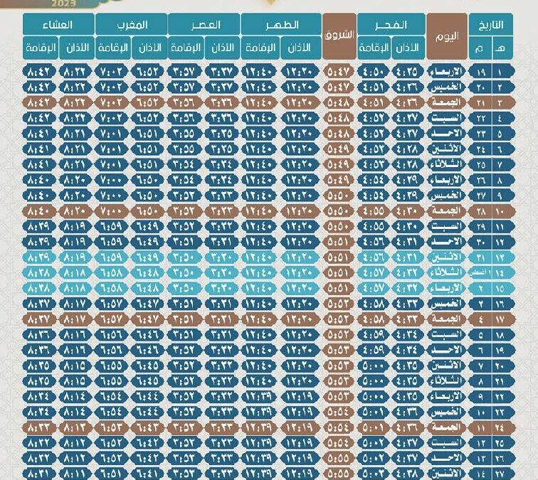تقويم مواقيت الصلوات لعام 1445